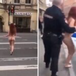 [動画0:31] 裸で街を歩く女性・・・、警察に連行される