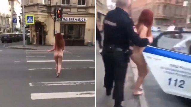 [動画0:31] 裸で街を歩く女性・・・、警察に連行される