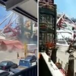 [動画2:07] コンテナ船とクレーンが衝突、クレーンが倒壊する