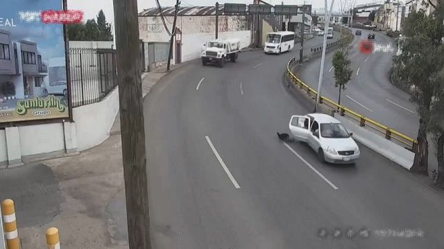 [動画0:31] 後部座席の少年、走行中の車から投げ出される