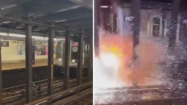 [動画0:40] 地下鉄の線路内に投げ込まれた自転車、衝突して大爆発！