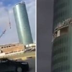 [動画0:20] クレーンが倒壊！タワーにぶつかってしまう
