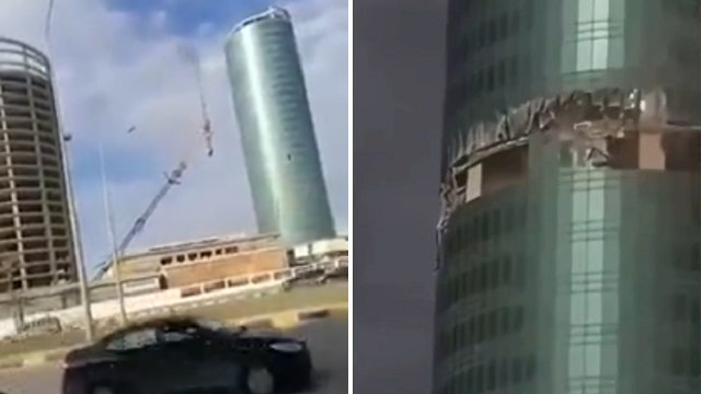 [動画0:20] クレーンが倒壊！タワーにぶつかってしまう