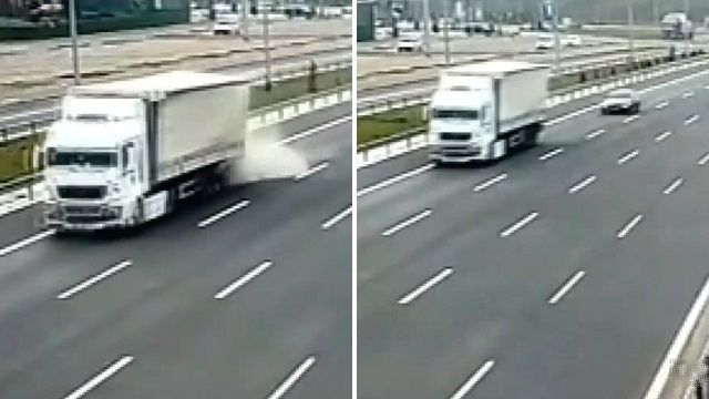[動画0:38] 高速道路を猛スピードで走行、トラックに突っ込み燃え尽きる