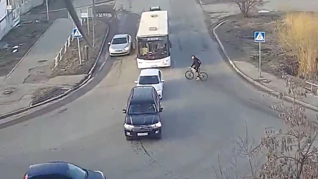 [動画0:35] 横断歩道を渡る自転車、死角から来る乗用車と衝突