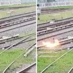 [動画1:09] 線路からケーブルを盗む男、炎に包まれる