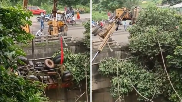 [動画0:30] 橋から転落したトラックの引き上げ作業、クレーンも転落する