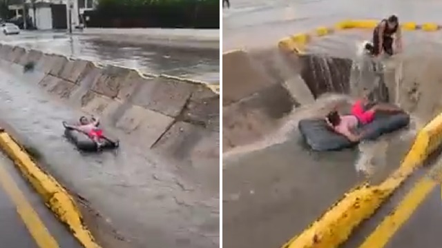 [動画0:36] 用水路で遊ぶ少年、ラウンドアバウトの下へ飲み込まれる