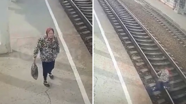 [動画0:42] ７７歳女性が線路上で横たわる→直後に列車が通過