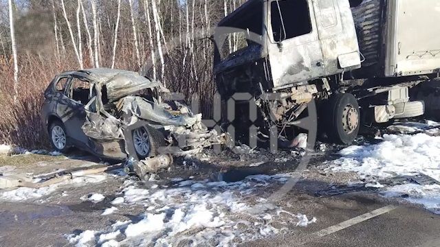 [動画0:17] 猛スピードのＢＭＷ、駐車中のトラックに衝突して炎上