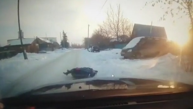 [動画0:16] 9歳少女、スノーチューブで道路に飛び出す