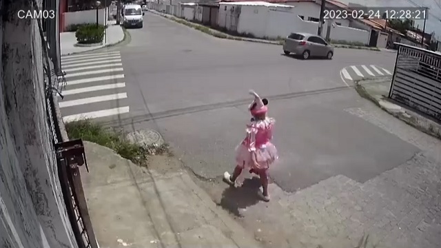 [動画0:16] ピンクの道化師おばさん、横断歩道で待っていたのに撥ねられる