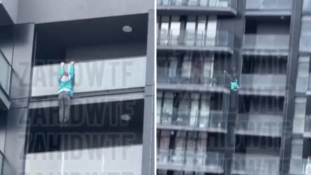 [動画0:39] マンション15階にぶら下がる男性が転落、驚きの結果に・・・