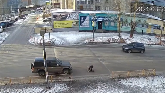 [動画0:43] 停止しない車に気付いた少女、その場で転んでしまう